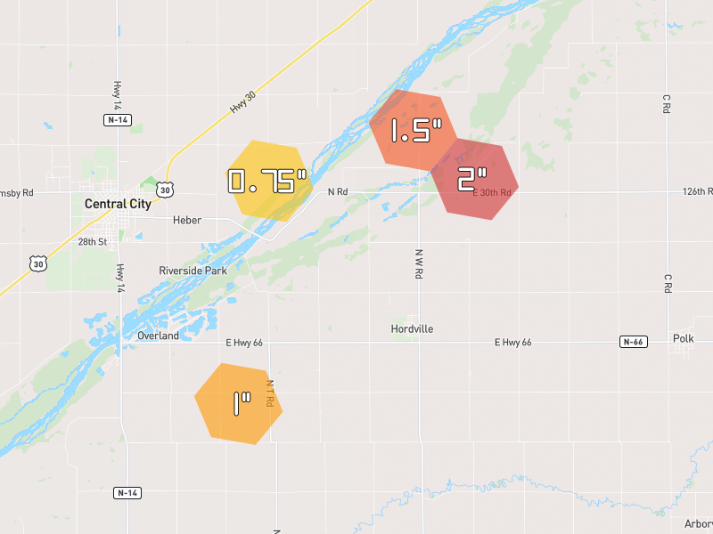 Hail map of Clarks, NE on Jun 6, 2026, hail up to 2"