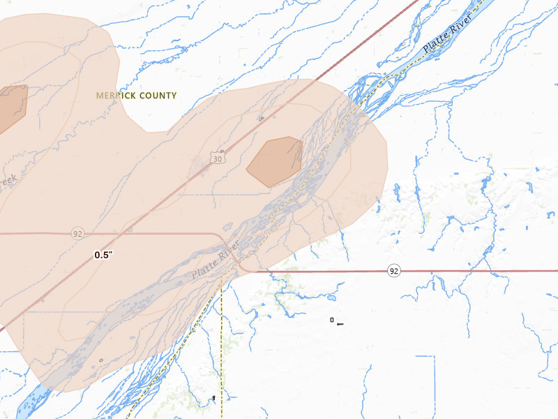 Radar-estimated hail-size map of the storm over Clarks, NE on Jun 12, 2026