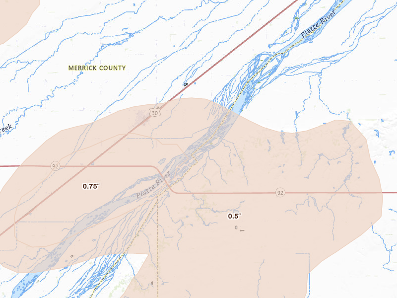 Radar-estimated hail-size map of the storm over Clarks, NE on Jul 8, 2026