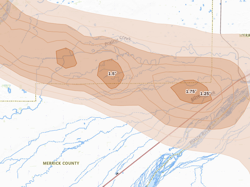 Radar-estimated hail-size map of the storm over Clarks, NE on Aug 19, 2026