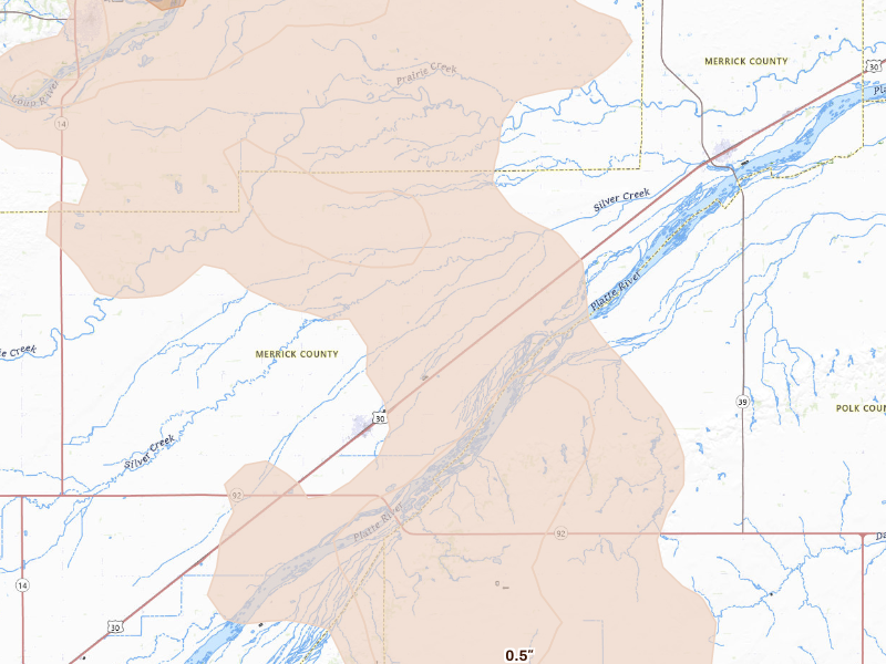 Radar-estimated hail-size map of the storm over Clarks, NE on Sep 11, 2026
