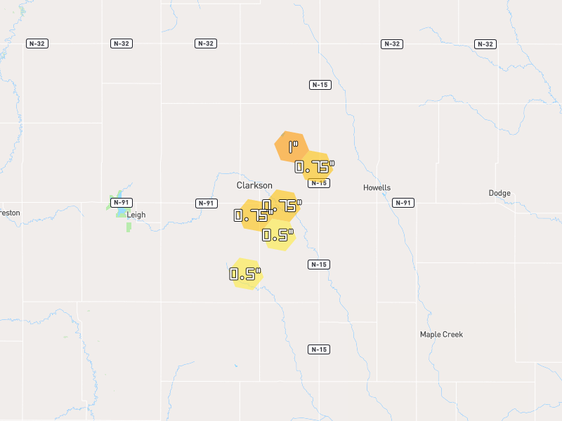 Hail map of Clarkson, NE on Jul 1, 2026, hail up to 1"