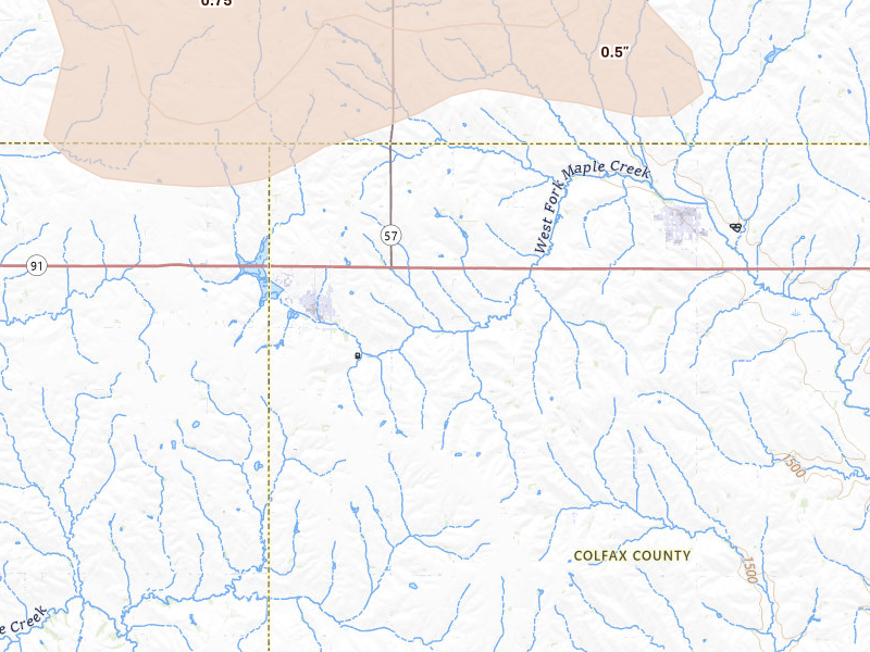 Radar-estimated hail-size map of the storm over Clarkson, NE on Jul 26, 2026