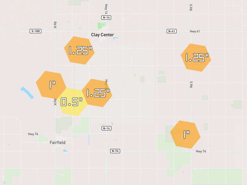 Hail map of Clay Center, NE on Jun 6, 2026, hail up to 1.25"