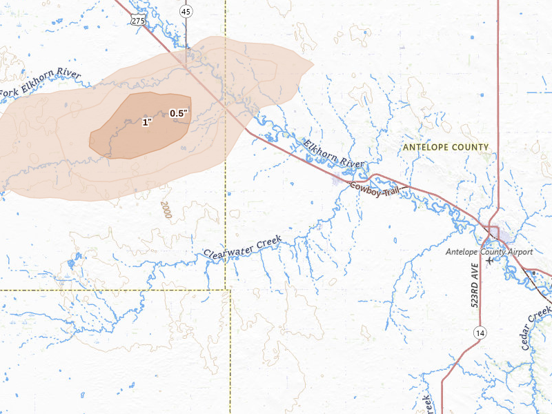 Radar-estimated hail-size map of the storm over Clearwater, NE on May 24, 2026