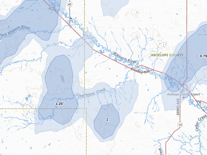 NEXRAD radar-signature map of the hail storm over Clearwater, NE on Jun 30, 2026