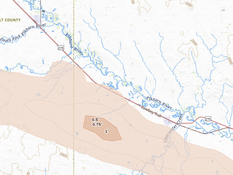 Radar-estimated hail-size map of the storm over Clearwater, NE on Aug 21, 2026