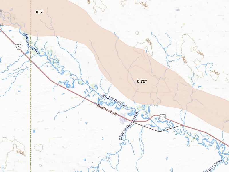 Radar-estimated hail-size map of the storm over Clearwater, NE on Aug 23, 2026