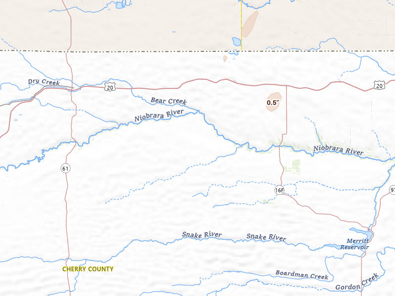 Radar-estimated hail-size map of the storm over Cody, NE on Apr 22, 2026