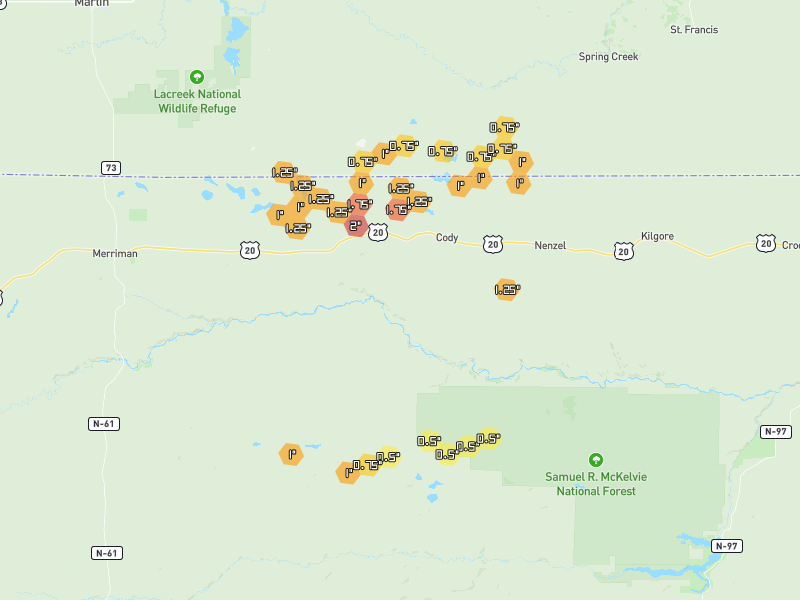 Hail map of Cody, NE on Jun 5, 2026, hail up to 2"