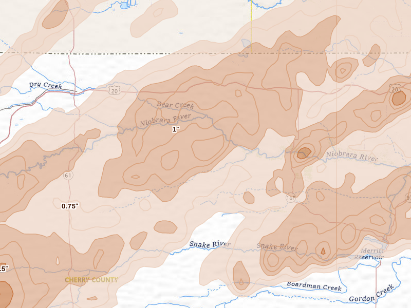 Radar-estimated hail-size map of the storm over Cody, NE on Jun 27, 2026
