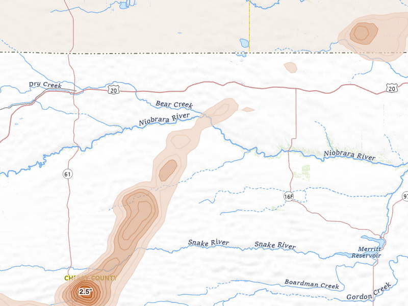 Radar-estimated hail-size map of the storm over Cody, NE on Jul 6, 2026