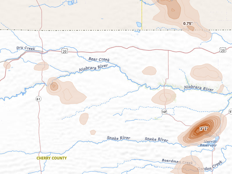 Radar-estimated hail-size map of the storm over Cody, NE on Jul 9, 2026