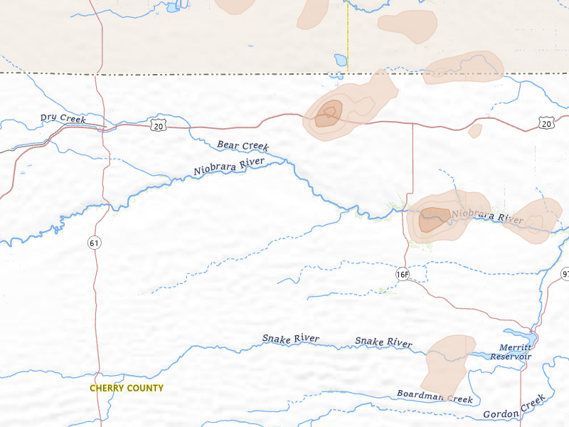 Radar-estimated hail-size map of the storm over Cody, NE on Jul 27, 2026