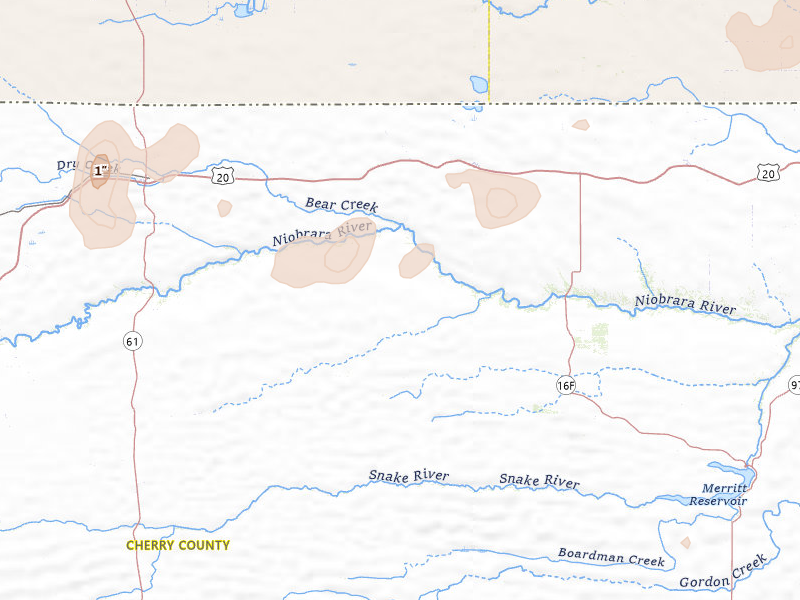Radar-estimated hail-size map of the storm over Cody, NE on Jul 29, 2026
