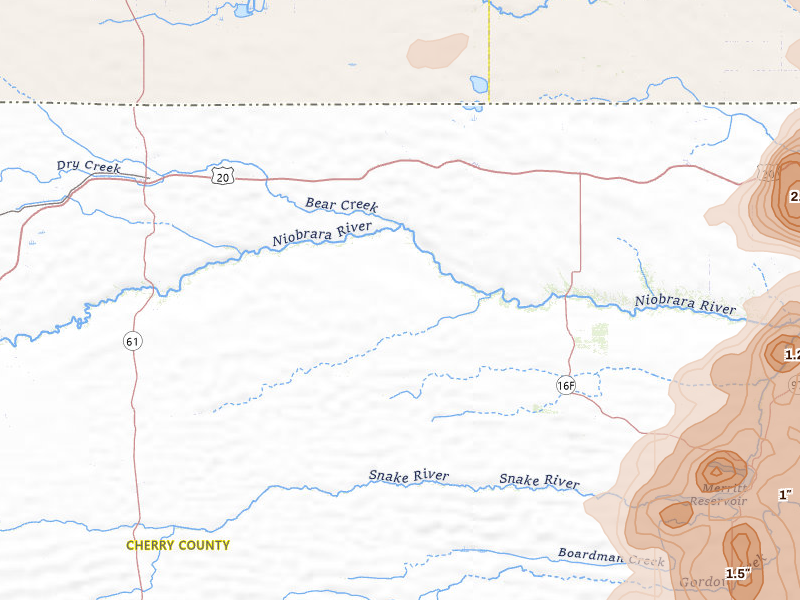 Radar-estimated hail-size map of the storm over Cody, NE on Jul 30, 2026