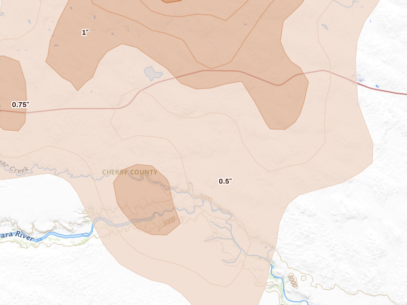 Radar-estimated hail-size map of the storm over Cody, NE on Aug 7, 2026