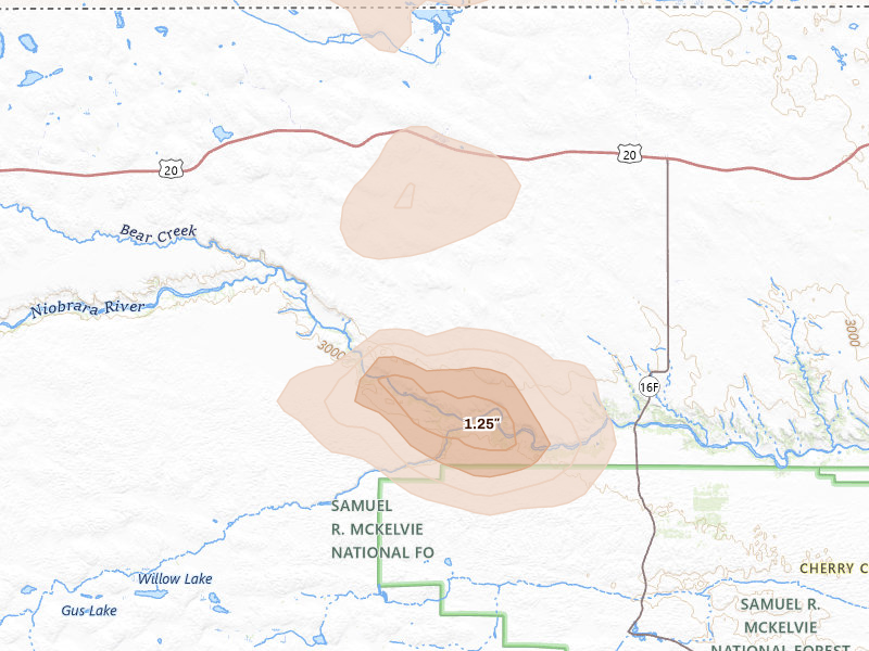 Radar-estimated hail-size map of the storm over Cody, NE on Aug 8, 2026