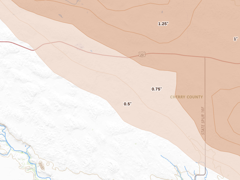 Radar-estimated hail-size map of the storm over Cody, NE on Aug 11, 2026