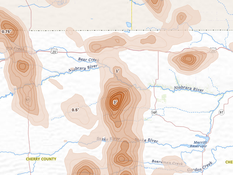 Radar-estimated hail-size map of the storm over Cody, NE on Aug 27, 2026