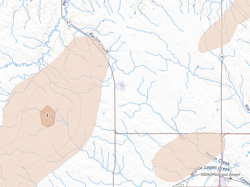 Radar-estimated hail-size map of the storm over Coleridge, NE on Jul 2, 2026