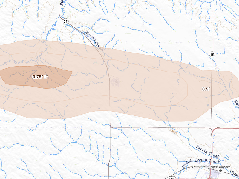 Radar-estimated hail-size map of the storm over Coleridge, NE on Aug 11, 2026