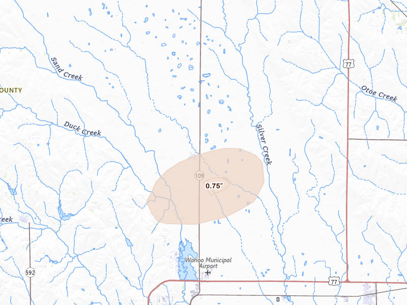 Radar-estimated hail-size map of the storm over Colon, NE on May 16, 2026