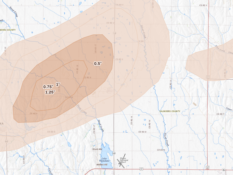 Radar-estimated hail-size map of the storm over Colon, NE