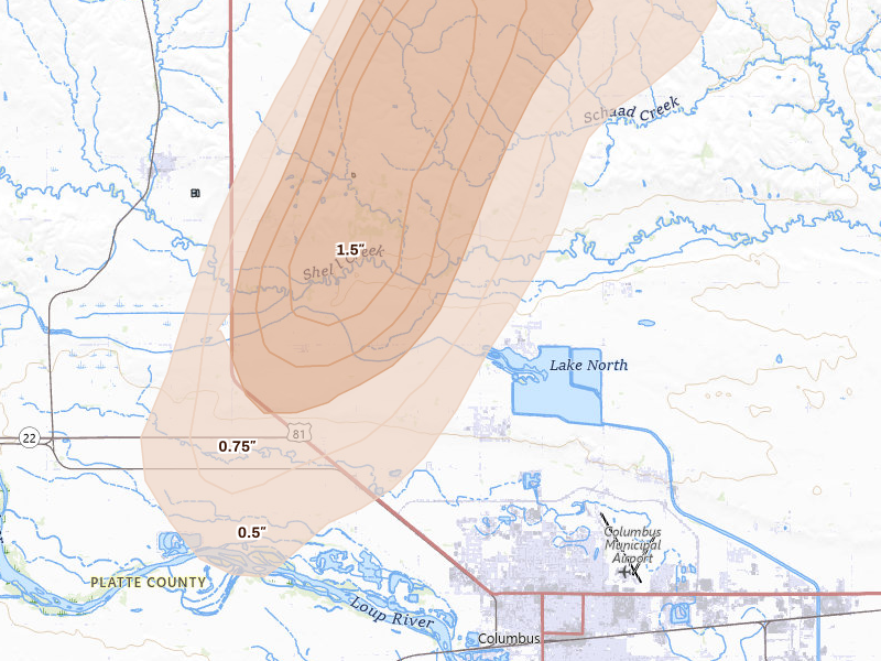 Radar-estimated hail-size map of the storm over Columbus, NE on May 16, 2026