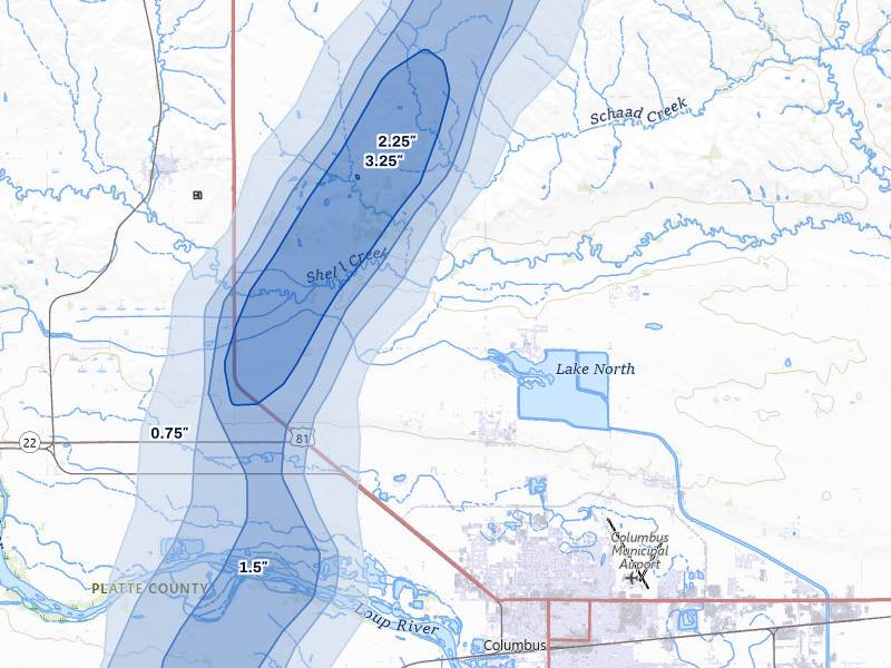 NEXRAD radar-signature map of the hail storm over Columbus, NE on May 16, 2026