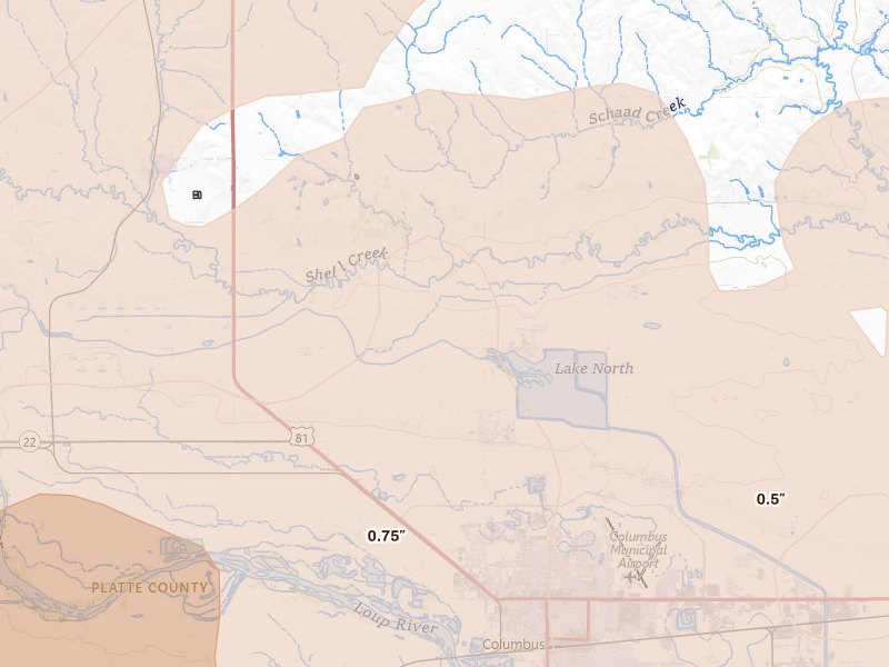 Radar-estimated hail-size map of the storm over Columbus, NE on May 17, 2026