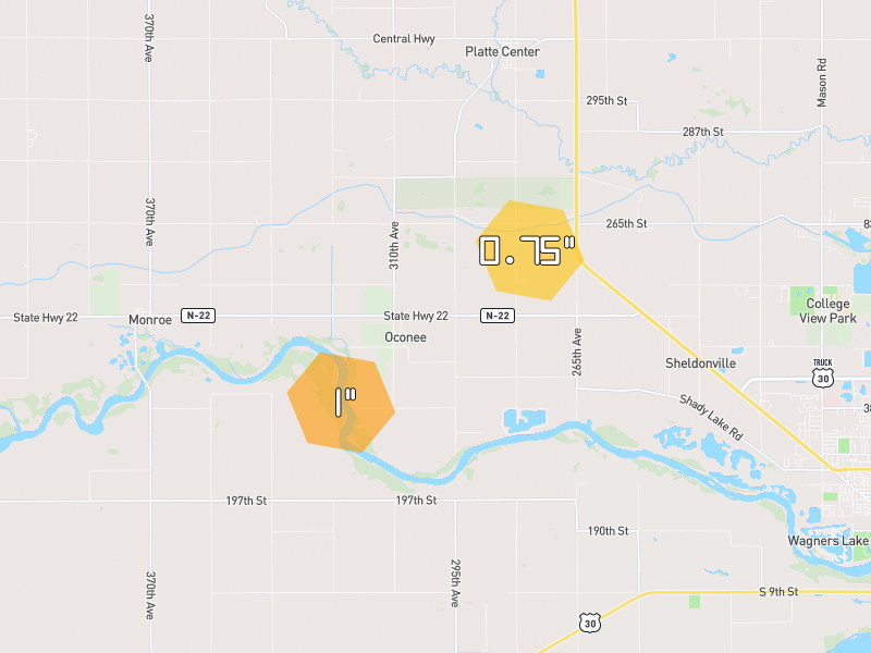 Hail map of Columbus, NE on Jul 3, 2026, hail up to 1"