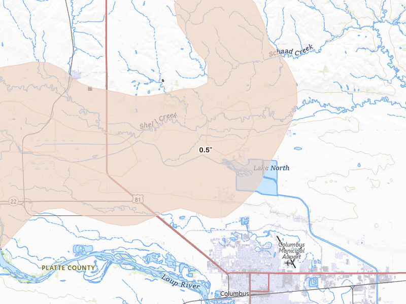 Radar-estimated hail-size map of the storm over Columbus, NE on Jul 8, 2026