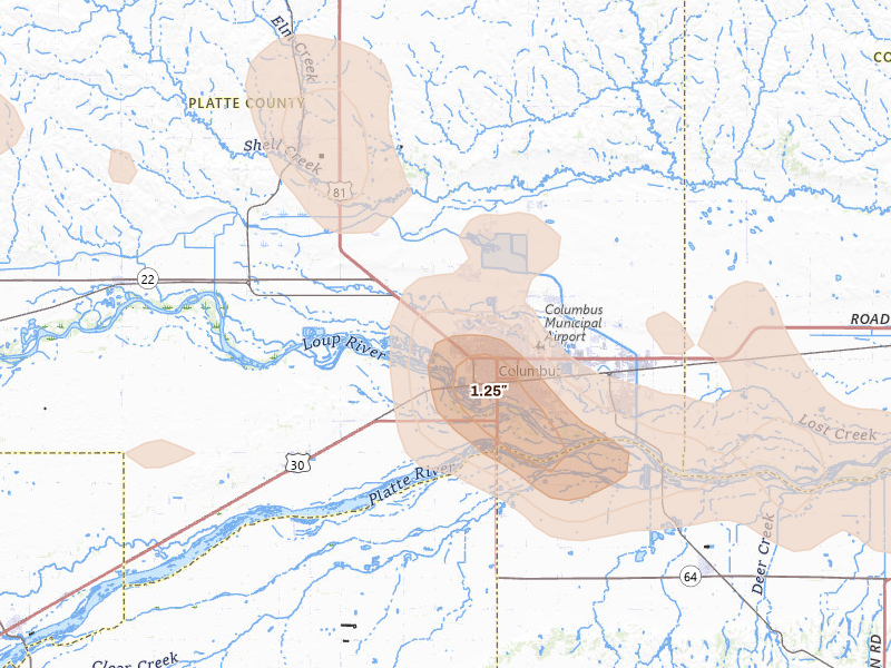 Radar-estimated hail-size map of the storm over Columbus, NE on Aug 8, 2026