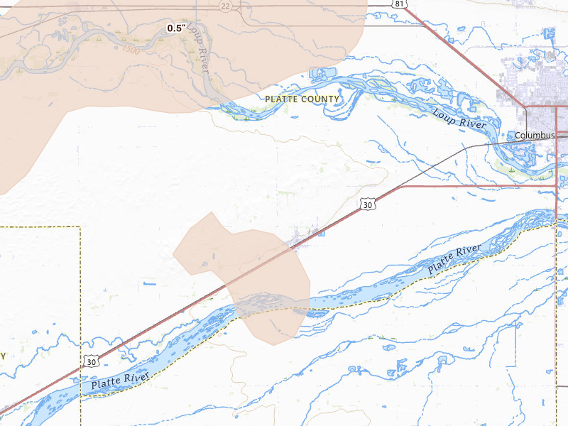 Radar-estimated hail-size map of the storm over Columbus, NE on Aug 17, 2026