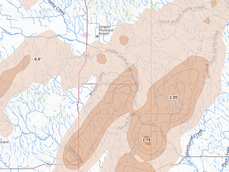 Radar-estimated hail-size map of the storm over Comstock, NE on Jun 9, 2026