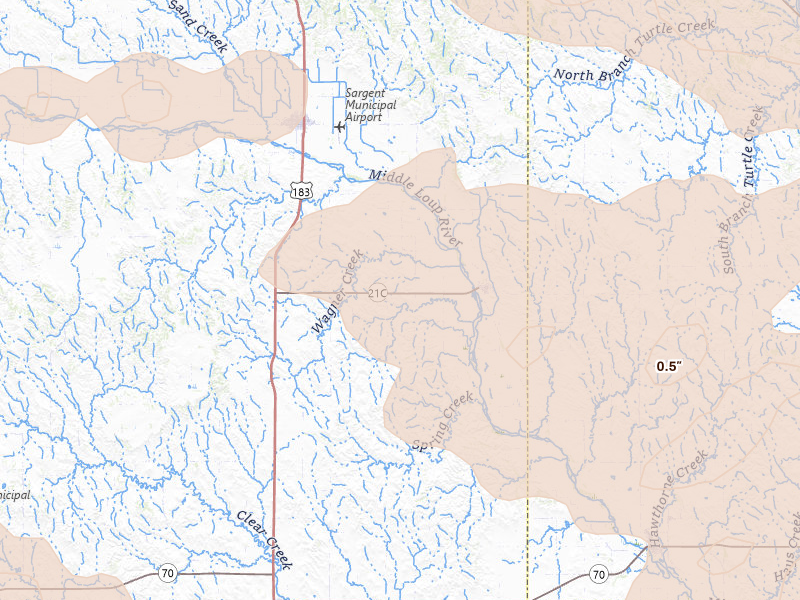 Radar-estimated hail-size map of the storm over Comstock, NE on Jun 20, 2026