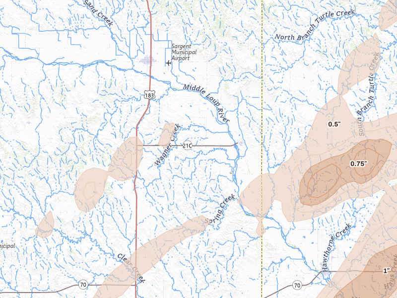 Radar-estimated hail-size map of the storm over Comstock, NE on Jun 29, 2026