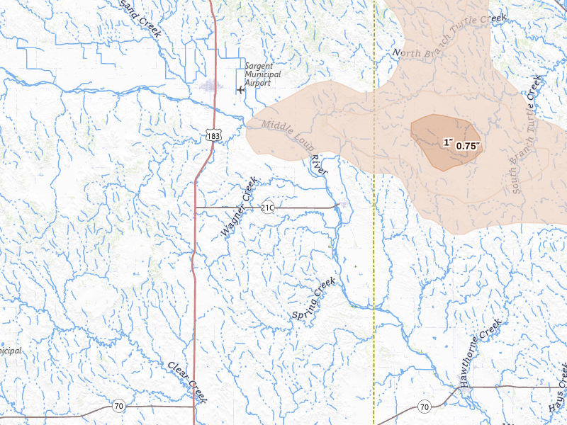 Radar-estimated hail-size map of the storm over Comstock, NE on Jul 4, 2026