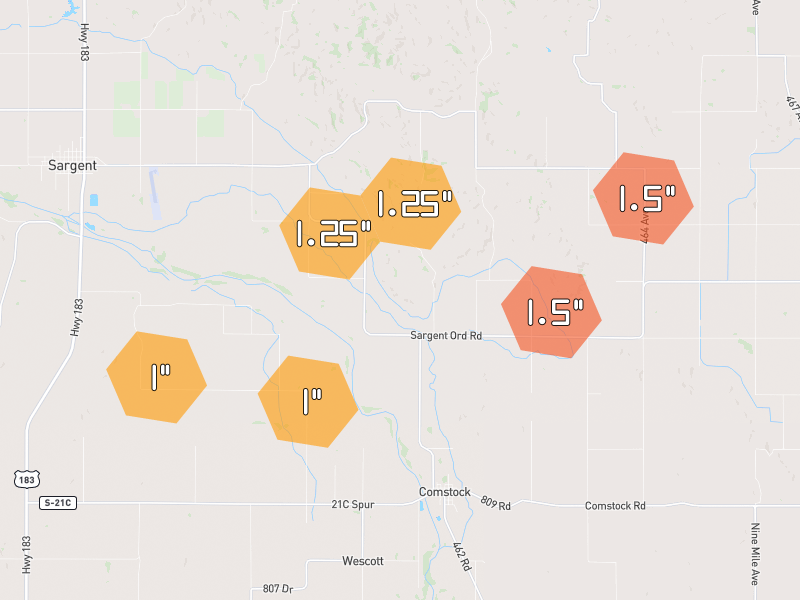 Hail map of Comstock, NE on Jul 5, 2026, hail up to 1.5"