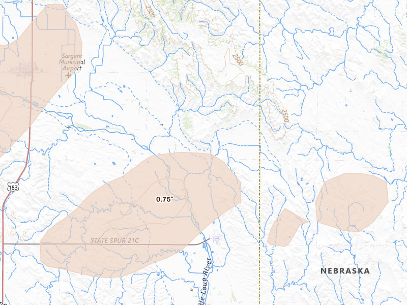 Radar-estimated hail-size map of the storm over Comstock, NE on Aug 8, 2026