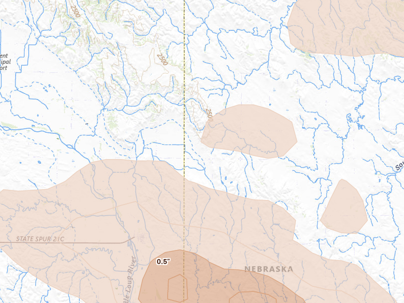 Radar-estimated hail-size map of the storm over Comstock, NE on Aug 17, 2026