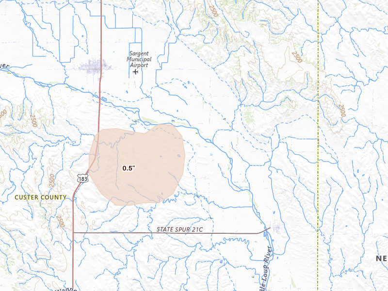 Radar-estimated hail-size map of the storm over Comstock, NE on Aug 21, 2026