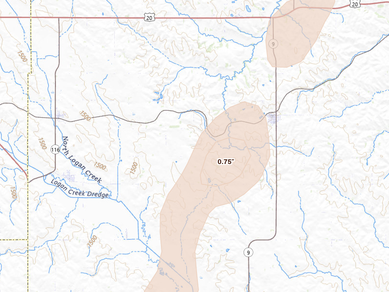 Radar-estimated hail-size map of the storm over Concord, NE on May 18, 2026