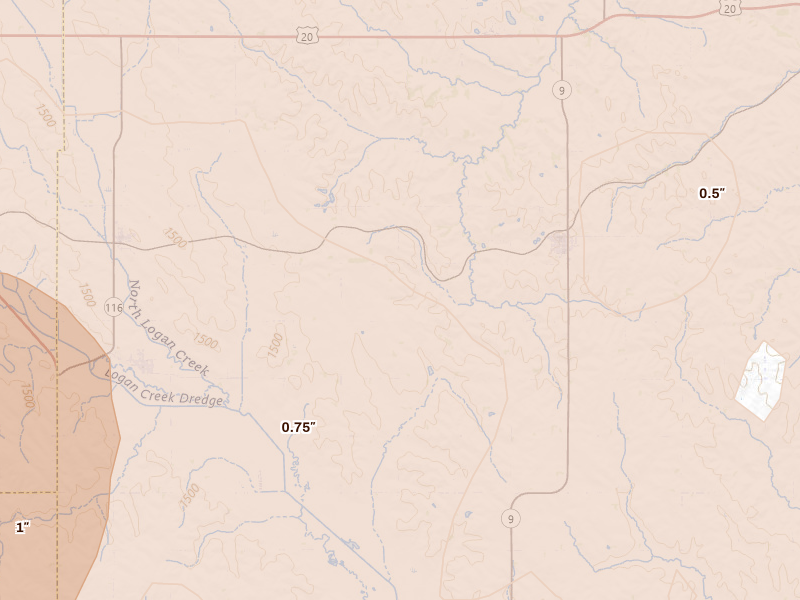 Radar-estimated hail-size map of the storm over Concord, NE on Jun 29, 2026