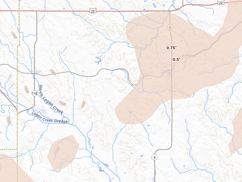 Radar-estimated hail-size map of the storm over Concord, NE on Jul 2, 2026