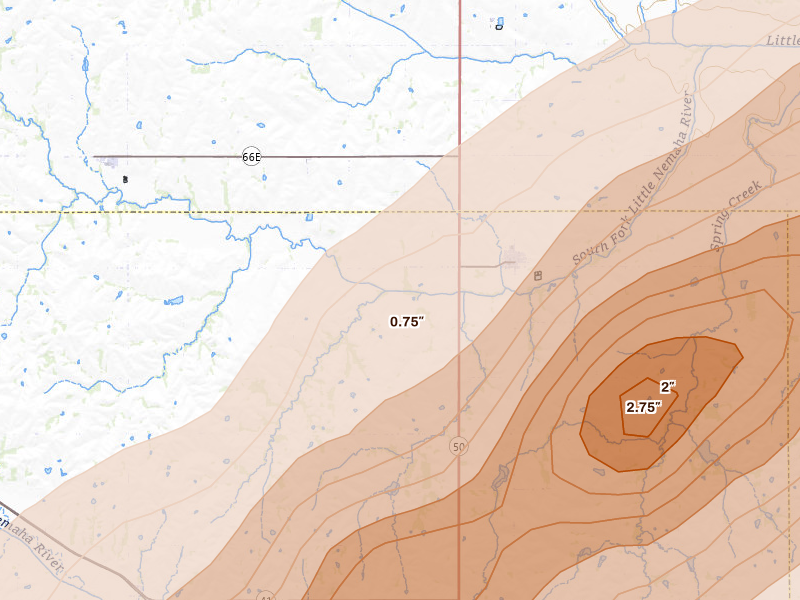 Radar-estimated hail-size map of the storm over Cook, NE on Apr 23, 2026
