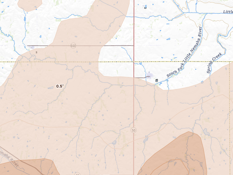 Radar-estimated hail-size map of the storm over Cook, NE on May 18, 2026