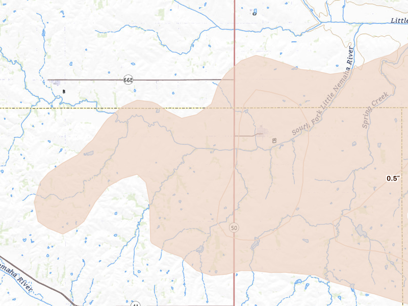 Radar-estimated hail-size map of the storm over Cook, NE on Jun 5, 2026