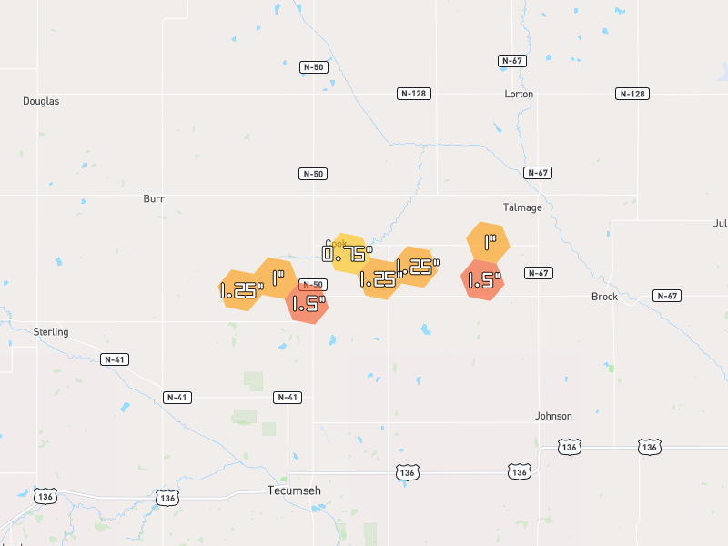 Hail map of Cook, NE on Jun 6, 2026, hail up to 1.5"